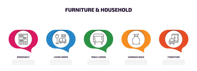 furniture & household infographic element with outline icons and 5 step or option. furniture & household icons such as bookshelf, living room, table linens, garbage bags, furniture vector.