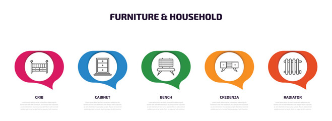 furniture & household infographic element with outline icons and 5 step or option. furniture & household icons such as crib, cabinet, bench, credenza, radiator vector.