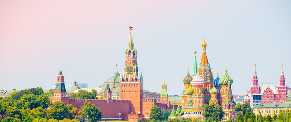 Spasskaya Tower of Moscow Kremlin and Cathedral of Vasily the Blessed (Saint Basil's Cathedral) on Red Square in summer day.  Panorama. Moscow. Russia - obrazy, fototapety, plakaty