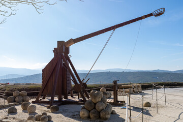 Exterior view of a medieval wooden catapult in the fortress of La Mota (Alcalá la Real, Spain)