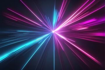 Abstract purple neon background with rays and lines, light movement. Pink neon, purple neon, blue neon. AI
