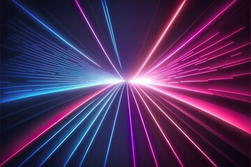 Abstract purple neon background with rays and lines, light movement. Pink neon, purple neon, blue neon. AI