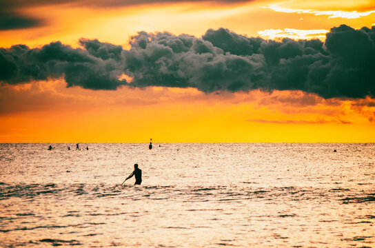 Silhouette of a person doing stand up paddle at sunrise