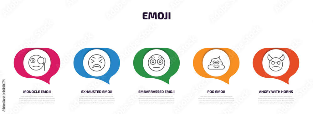 Wall mural emoji infographic element with outline icons and 5 step or option. emoji icons such as monocle emoji, exhausted embarrassed poo angry with horns vector.