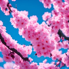 Beautiful pink Sakura or cherry blossom flower in the angle of elevation over blue sky background - generative ai