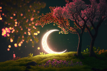 Ramadan crescent moon rises on spring forest.