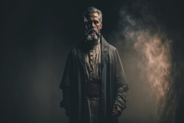 Serious catholic priest standing on black background with smoke. AI generated