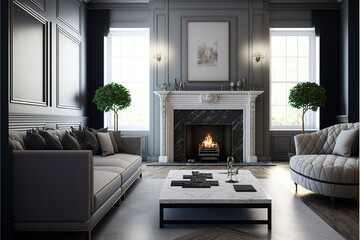 General view of luxury living room with sofas, coffe table and fireplace