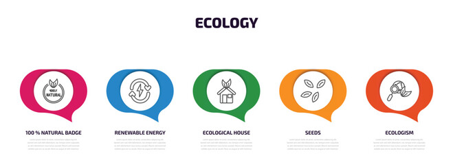 ecology infographic element with outline icons and 5 step or option. ecology icons such as 100 % natural badge, renewable energy, ecological house, seeds, ecologism vector.