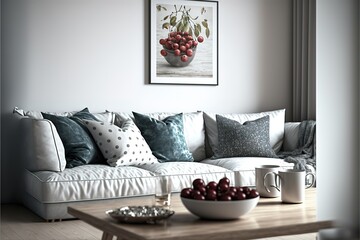 Real photo of a simple living room interior with cushions on gray sofa, paintings on white wall and cherries on a coffee table