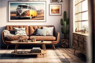 Retro design in trendy living room interior wooden furniture and comfortable couch