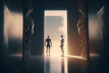 Fototapeta premium Two robots are standing near a huge door way. Futuristic concept of Artificial Intelligence and robotics. Generative AI