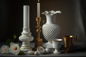 Still life with white ceramics and gold candlestick