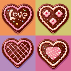 Set of Valentine's Day cake hearts with the inscription love. Chocolate hearts, candy hearts. Sweet chocolate cakes.