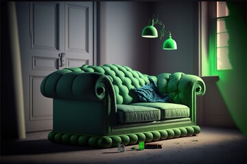 Three dimensional render of green sofa standing in attic