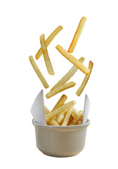 French fries. Falling french potato fries. Flying fried potatoes. Belgian Chips Isolated on PNG transparent background