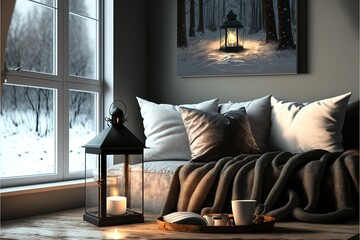 Warm and Cozy Winter Hygge Interior. Lantern, Candle Light, and a Mug of Tea at the Sofa by the Winter Window with Snowy Forest Landscape