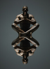 Black man, yoga and meditation art with mirror reflection on dark background for spiritual...