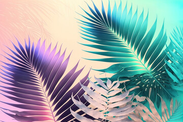 Abstract colorful tropical and exotic leaves, neon light, holography. AI