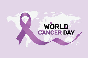 World cancer day modern poster background design. 3d Purple bow ribbon banner with world silhouette vector illustration template