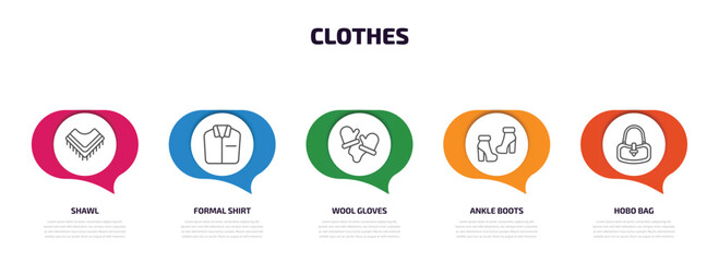 clothes infographic element with outline icons and 5 step or option. clothes icons such as shawl, formal shirt, wool gloves, ankle boots, hobo bag vector.