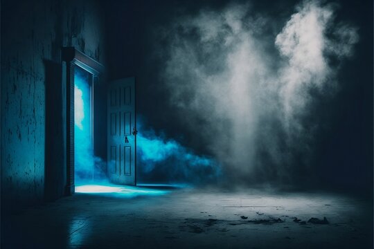 The dark stage with a dark blue background, a dark scene, neon light and spotlights The concrete floor and the studio room with smoke.  Generative AI