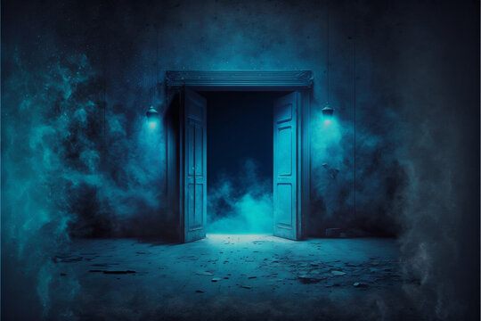 The dark stage with a dark blue background, a dark scene, neon light and spotlights The concrete floor and the studio room with smoke