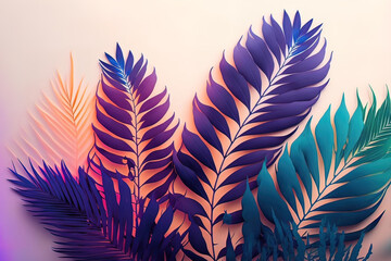 Abstract colorful tropical and exotic leaves, neon light, holography. AI