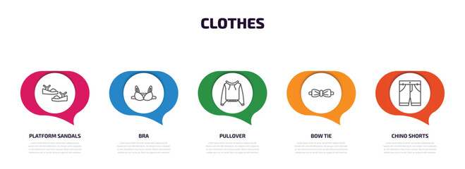 clothes infographic element with outline icons and 5 step or option. clothes icons such as platform sandals, bra, pullover, bow tie, chino shorts vector.