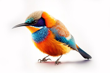 Obraz premium Multicolored tropical and exotic small birds on a white isolated background. AI