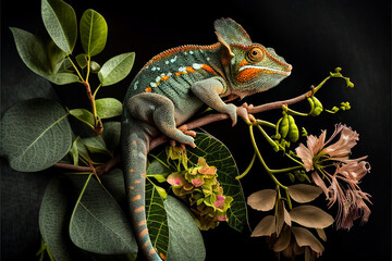 Nature photography of exotic animals, colorful chameleon on a branch in the jungle, background/wallpaper/desktop, generative ai
