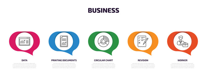 business infographic element with outline icons and 5 step or option. business icons such as data, printing documents, circular chart, revision, worker vector.