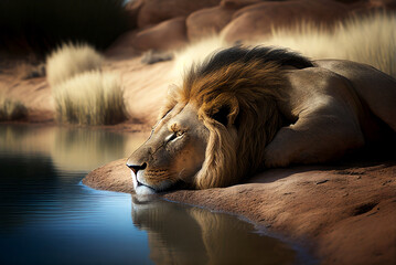 Nature photography of exotic animals, gorgeous lion sleeping on the shore of a water hole on the savannah, background/wallpaper/desktop, generative ai