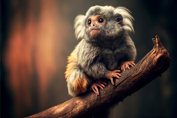 Nature photography of exotic animals, cute marmoset monkey on a branch in the jungle, background/wallpaper/desktop, generative ai