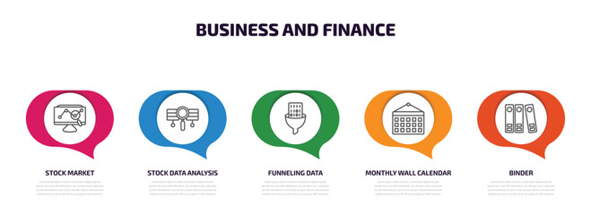 business and finance infographic element with outline icons and 5 step or option. business and finance icons such as stock market, stock data analysis, funneling data, monthly wall calendar, binder