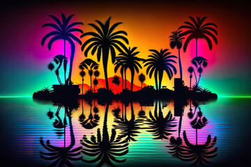 Fototapeta na wymiar Night neon landscape with palm trees, night background, 90s, retro style, Bright multi-colored neon, seascape. AI