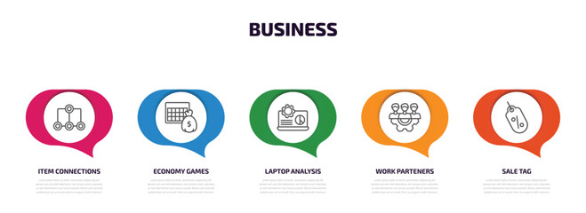 business infographic element with outline icons and 5 step or option. business icons such as item connections, economy games, laptop analysis, work parteners, sale tag vector.