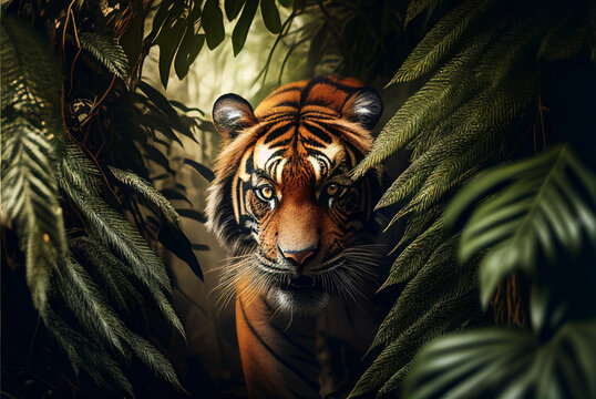 Nature photography of exotic animals, beautiful striped tiger roaming the jungle, background/wallpaper/desktop, generative ai