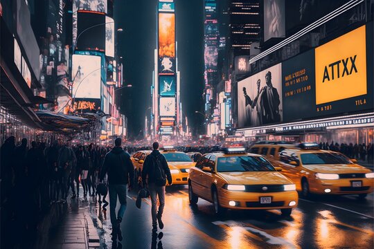 TimeSquare Flashy Lights Bustling City Taxis Driving People Walking NYC Photo Realistic Cinematic Quality Hyper Realistic 8k 