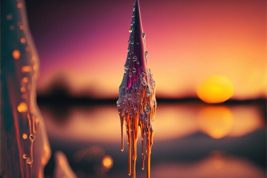  a close up of a water droplet on a water bottle with a sunset in the background and a body of water in the foreground.  generative ai