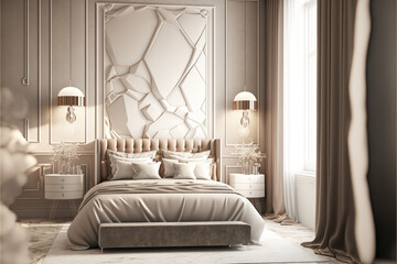 Luxurious large bedroom with delicate beige colors milk, brown, Generative AI