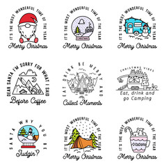 Obraz premium Camping christmas badges set in line art style. Travel adventure with winter landscape, holidays elements. Stock logo label with quotes - it is the most beautiful time of the year