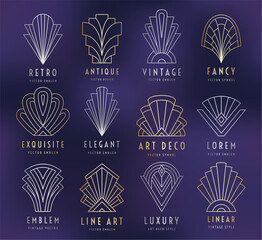 Vintage geometric outline symbols on the dark purple gradient background. Art Deco style emblem set. Linear gold, silver metallic colored elements. EPS 10 linear design vector illustration.