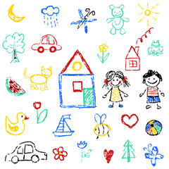 Children drawings. Elements for the design of postcards, backgrounds, packaging. Drawing with wax crayons on a white background. Children, flowers, trees, cars, animals, house, heart