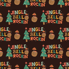 Retro Groovy Christmas seamless pattern with . Cute Holidays background. Wrapping design. Stock