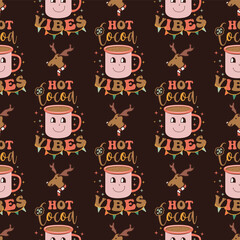 Retro Groovy Christmas seamless pattern with . Cute Holidays background. Wrapping design. Stock