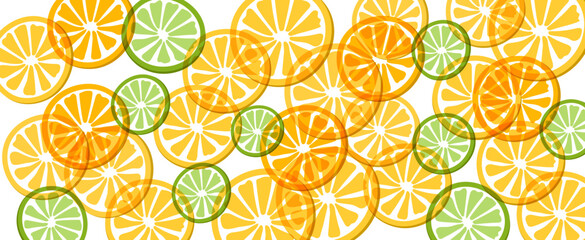 Background with lemons. Limes, grapefruits, oranges. Colored lemons with leaves. Citrus fruits vector illustration