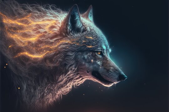  a wolf with a glowing mane and yellow eyes is shown in this artistic photo of a wolf with a glowing mane and yellow eyes is shown in the foreground.  generative ai
