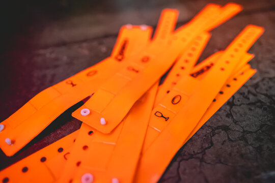 Detail of orange plastic wristbands with coupons for food and drinks
