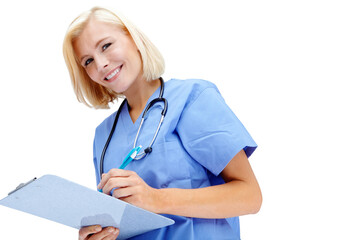 Portrait, healthcare and clipboard with a nurse woman in studio isolated on a white background for insurance. Hospital, health and medical with a female medicine professional writing on documents